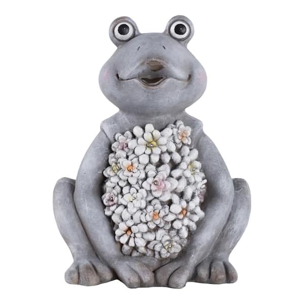 Liv & Skye 13 in. Gray Ceramic Sitting Frog With Solar Flowers Garden Statue