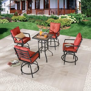 5-Piece Metal Bar Height Outdoor Dining Set with Red Cushions