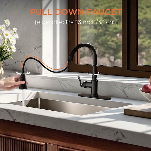 Single Handle Pull Down Sprayer Kitchen Faucet with Deckplate Gooseneck Swivel Spout in Black
