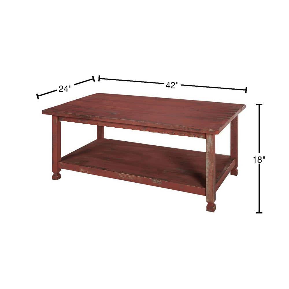 Country Cottage 46'' Red Wood Coffee Table with Storage Shelf