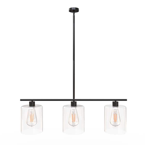 Briignite 3-Light 31 in. Black Industrial Linear Pendant Light with Clear Glass Shades for Dining Room Foyer Kitchen Island