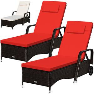 Brown Plastic Wood Outdoor Lounge Chair Chaise Recliner Patio Rattan Adjust  w/Red and Off White Cover Cushions (2-Pack)