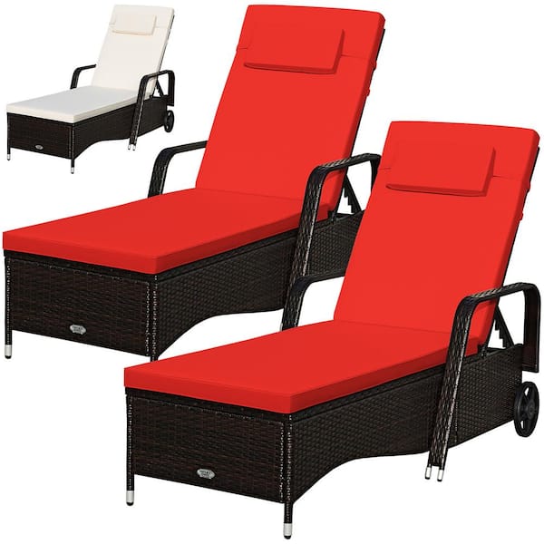 Costway Brown Plastic Wood Outdoor Lounge Chair Chaise Recliner Patio Rattan Adjust w/Red and Off White Cover Cushions (2-Pack)