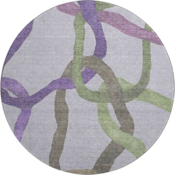 Mayfield Premium Machine Washable Abstract AMF2394 Lavender 8 ft. x 8 ft. Round Rug