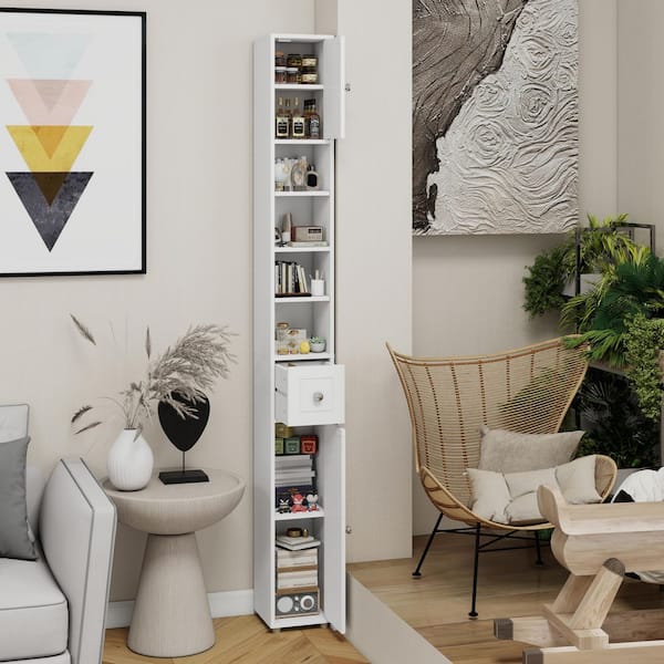 Unbranded 8 in. W x 8 in. D x 71 in. H White Linen Cabinet Tall Slim Bathroom Storage Cabinet 71 in. Freestanding Bathroom Cabinet