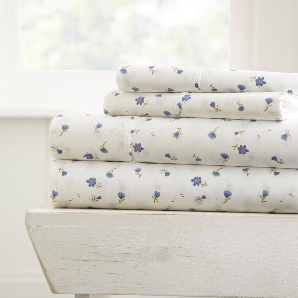 Light Blue Floral King Microfiber Deep Pocket Sheet Set