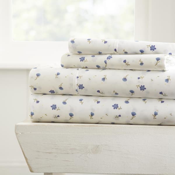 Becky Cameron Home Collection 4-Piece Light Blue Floral Microfiber King Sheet Set