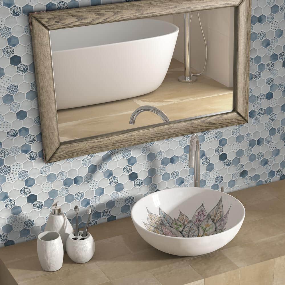 Blue and White Hexagon Recycled Glass Mosaic Tile
