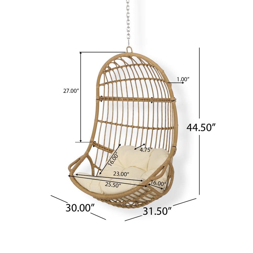 Light Brown and Beige Faux Rattan Hanging Chair with Cushions