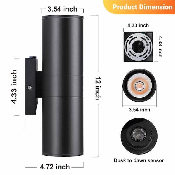 HKMGT Black Dusk to Dawn Outdoor Hardwired Cylinder Lantern Sconce