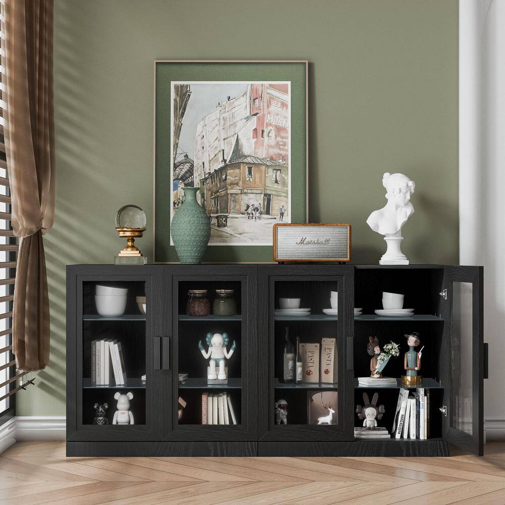 Farmhouse Black Wood 62 in. Buffet Storage Cabinet with Glass Doors and Adjustable Shelves for Living Room, Entryway price history on PriceWatchPro