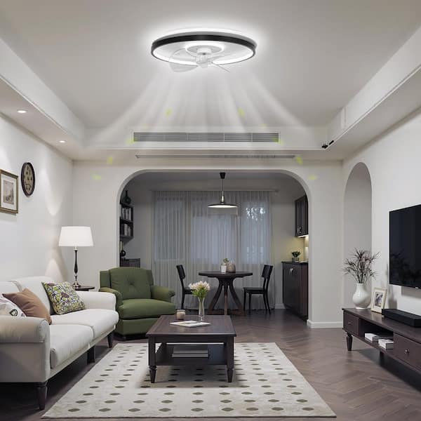 18 in. Modern Black and White Flush Mount Bladeless Ceiling Fan Light with Remote, Low Profile Design for Small Spaces