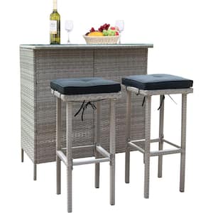 3-Piece Wicker Outdoor Serving Bar Set with Black Cushions