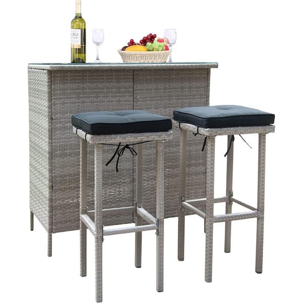 VIWAT 3-Piece Wicker Outdoor Serving Bar Set with Black Cushions