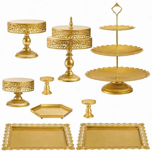 10-Piece Gold Metal Cake Stand and Dessert Serving Tray Set with Hollow Flower Trim Cake & Tiered Stands
