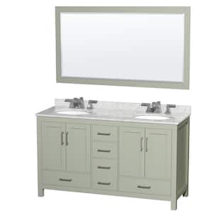 Sheffield 60 in. W x 22 in. D x 35 in. H Double Bath Vanity in Light Green with White Carrara Marble Top and 58" Mirror