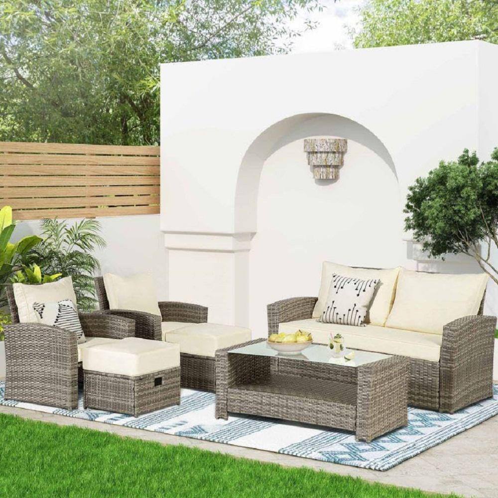 6-Piece Wicker Patio Conversation Set with Beige Cushions and Ottoman price history on PriceWatchPro