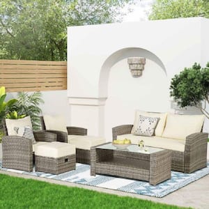 6-Piece Wicker Patio Conversation Set with Beige Cushions and Ottoman