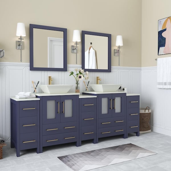 Vanity Art Ravenna 84 in. W Double Basin Bathroom Vanity in Blue with White Engineered Marble Top and Mirrors