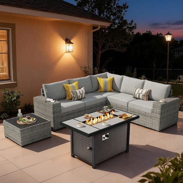 Baldwin Gray 7-Pieces Wicker Wide Arm Outdoor Patio Sofa Sectional Set with Metal Fire Pit and Dark Gray Cushions