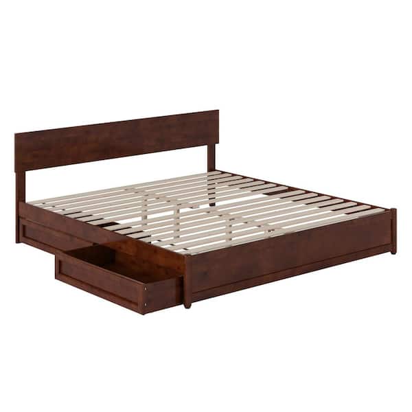 Wesley Walnut Brown Solid Wood Frame King Platform Bed with Panel Footboard and Storage Drawers