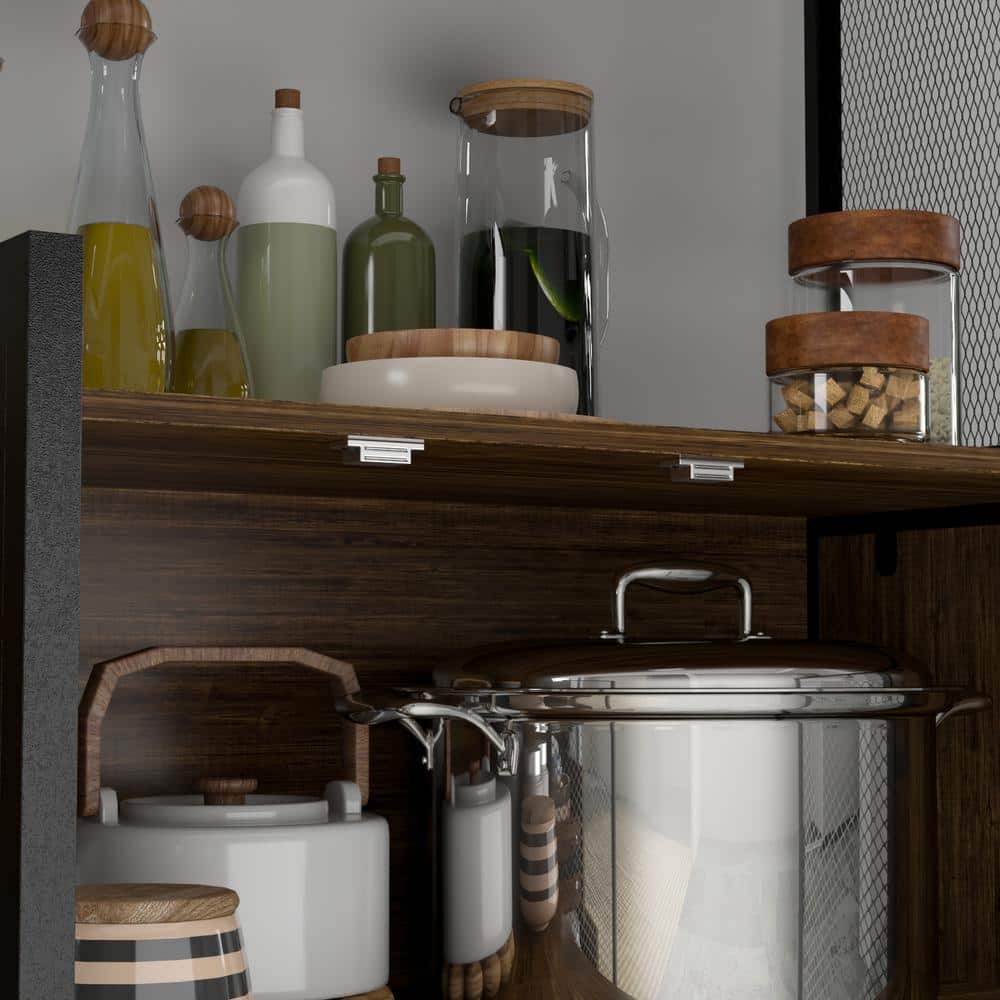 Brown Wood and Metal Mesh 3-Door Kitchen Pantry Cabinet