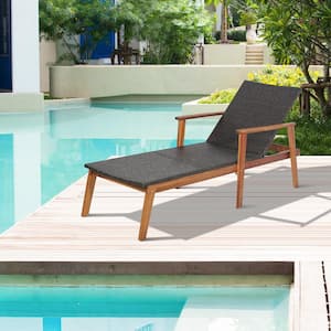 Adjustable Patio Rattan Lounge Chair Recliner Outdoor Chaise Acacia Wood Frame