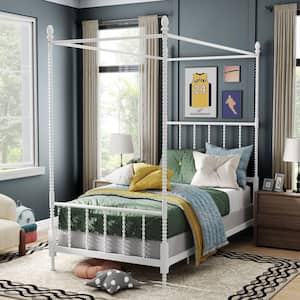Cathy White Metal Frame Twin Canopy Bed with Spindle Posts