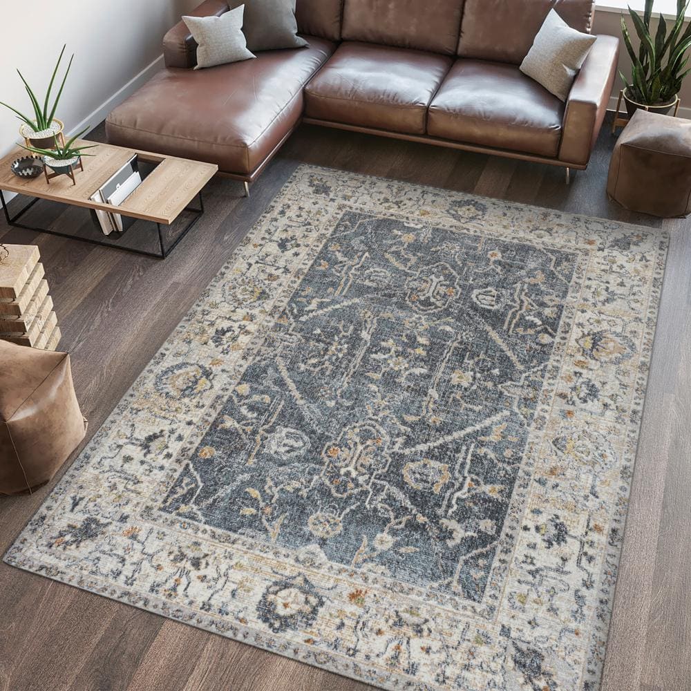 Dark Gray and Cream 8' x 10' Reversible Washable Synthetic Area Rug
