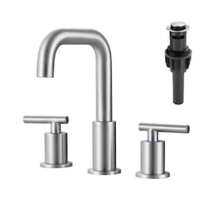 8 in. Widespread Double Handle High Arc Bathroom Faucet with Drain Kit in Brushed Nickel