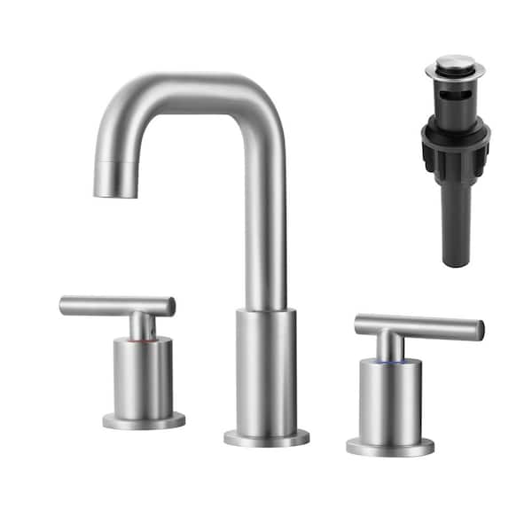 ALEASHA 8 in. Widespread Double Handle High Arc Bathroom Faucet with Drain Kit in Brushed Nickel