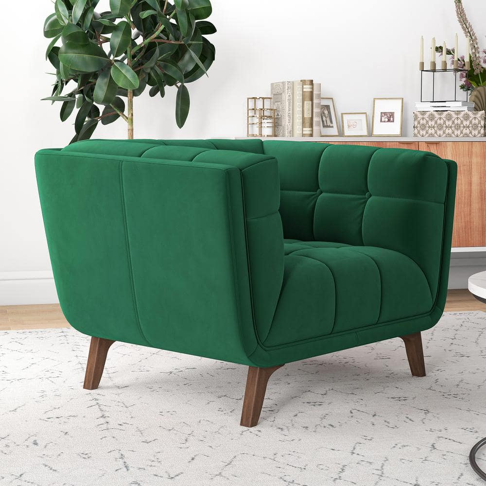 Allen Dark Green Velvet Tufted Lounge Chair with Wood Frame