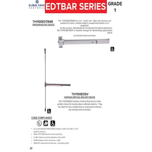 36 in. Aluminum Touch Bar Surface Vertical Rod Exit Device