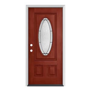 34 in. x 80 in. 3/4 Oval Lite Wendover Black Cherry Stained Fiberglass Prehung Right-Hand Inswing Front Door