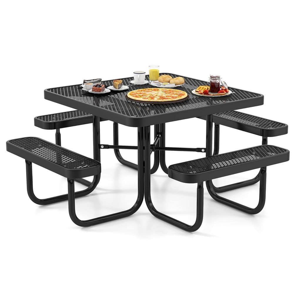 Gymax 76 in. Coated Black Steel Frame Camping Table w/ Seats Heavy