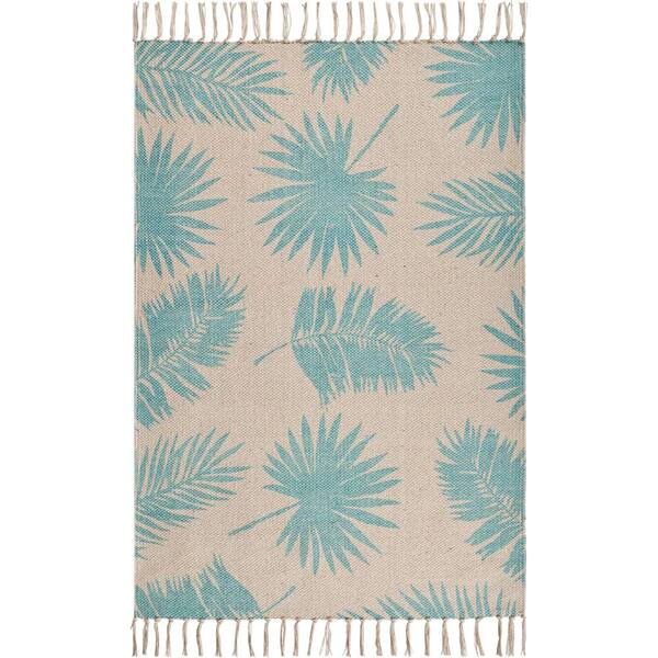 LR Home Arizon Soft Blue/Cream 2 ft. 6 in. x 3 ft. 9 in. Palm Leaves Tropical Tassel Cotton Accent Rug