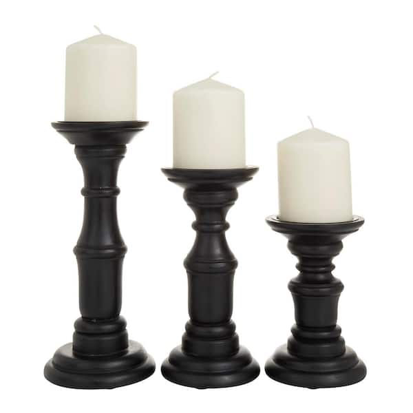 Litton Lane Black Mango Wood Turned Style Pillar Candle Holder (Set of 3)