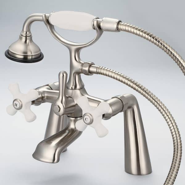Water Creation 3-Handle Vintage Claw Foot Tub Faucet with Hand Shower and Porcelain Cross Handles in Brushed Nickel
