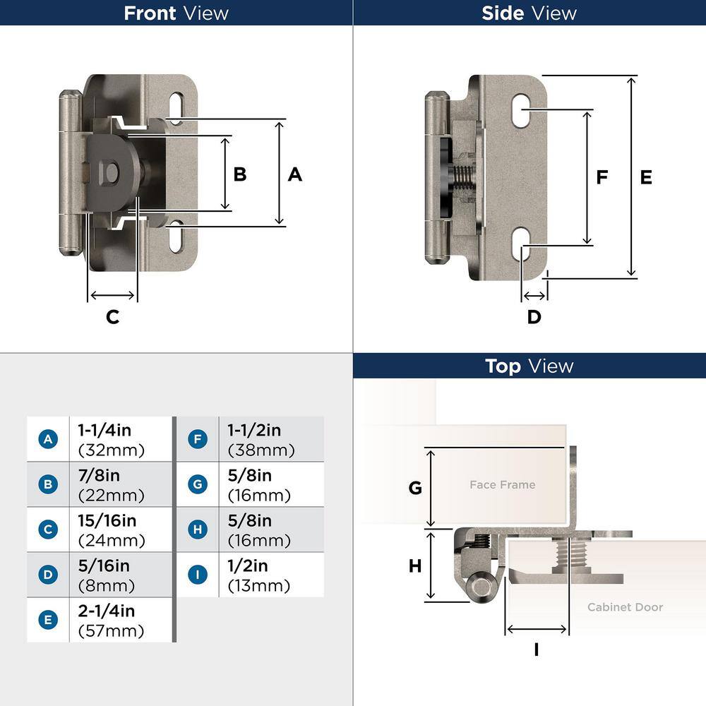 Nickel 1/2 Inch Overlay Single Demountable Cabinet Hinge
