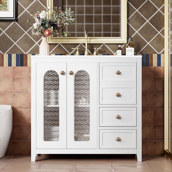 36 in. Freestanding Storage White Bathroom Vanity with White Ceramic Top, Glass Door, Adjustable Shelves