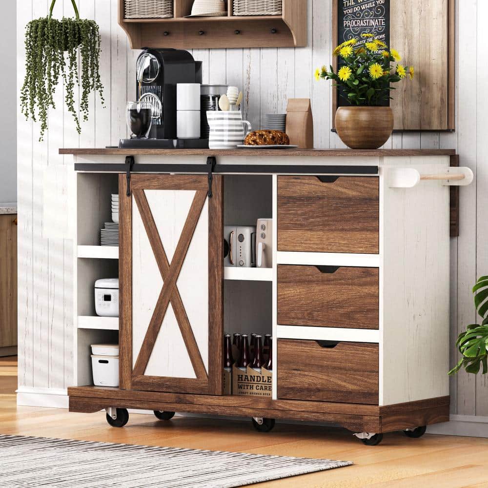 "55.5"" Farmhouse Rolling Kitchen Island, Drop Leaf, Barn Door, Power Outlet, Spice Rack, White" price history on PriceWatchPro