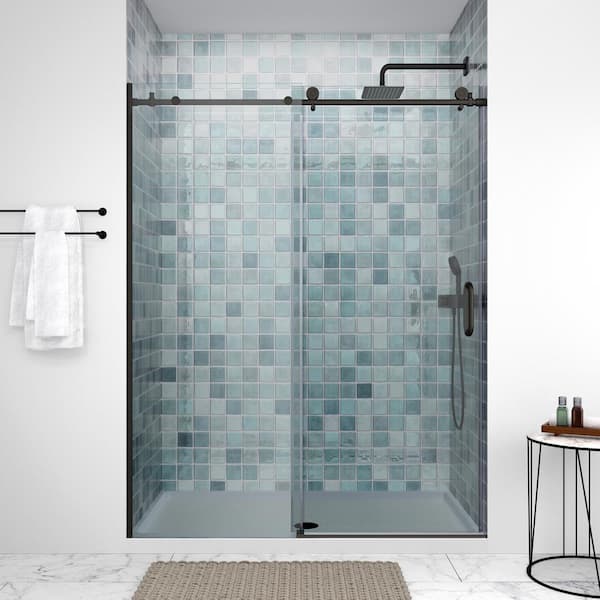 Streamline Aso 48 in. W x 74 in. H Sliding Shower Door with CrystalTech Treated 5/16 in. Tempered Clear Glass, Matte Black Hardware
