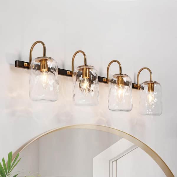 LNC Modern 32 in. Gunmetal Gray and Brass Vanity Light 4-Light Contemporary Bathroom Wall Light w/ Jar Textured Glass Shades