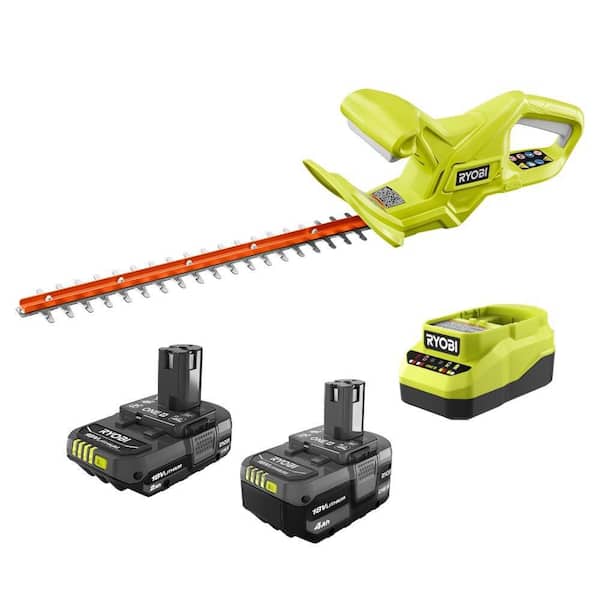 RYOBI ONE+ 18V Lithium-Ion Starter Kit with 2.0 Ah Battery, 4.0 Ah Battery, Charger, and ONE+ 18” Cordless Hedge Trimmer