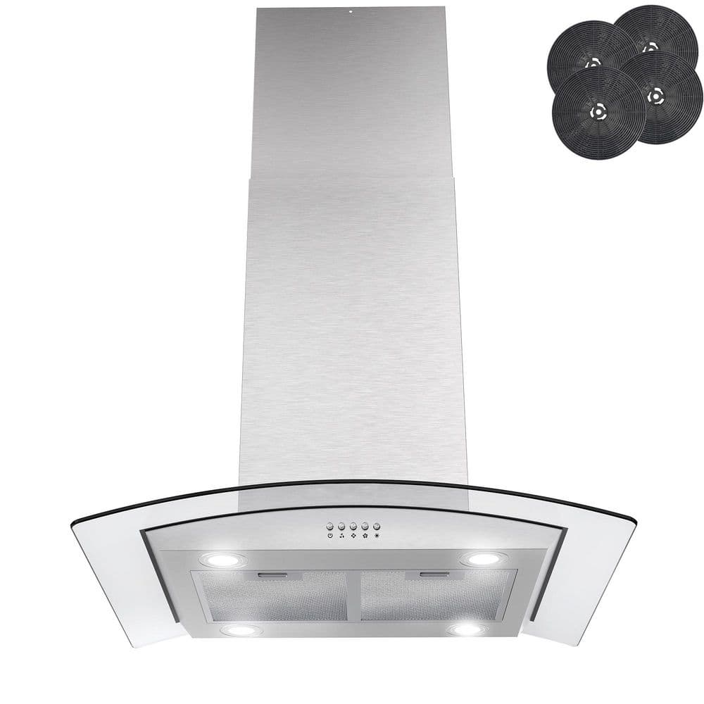 30 in. 343 CFM Convertible Island Mount Range Hood in Stainless Steel with Glass and 2-Set Carbon Filter