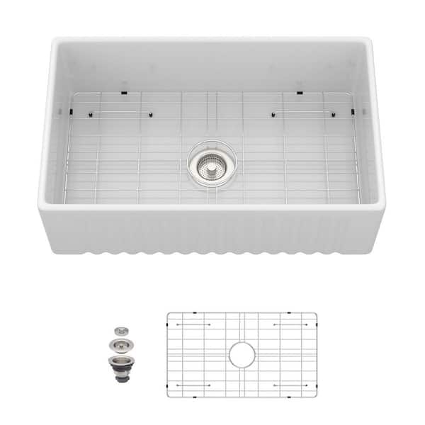 30 in. Farmhouse/Apron-Front Single Bowl White Ceramic Kitchen Sink with Bottom Grids