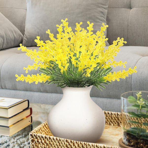 14 in. Yellow Artificial Acacia Mimosa Flower Stem Tropical Spray Branch Set of 6