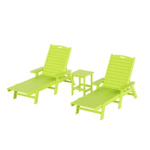 Harlo 3-Piece Lime Fade Resistant HDPE Plastic Reclining Outdoor Patio Chaise Lounge Arm Chair and Table Set