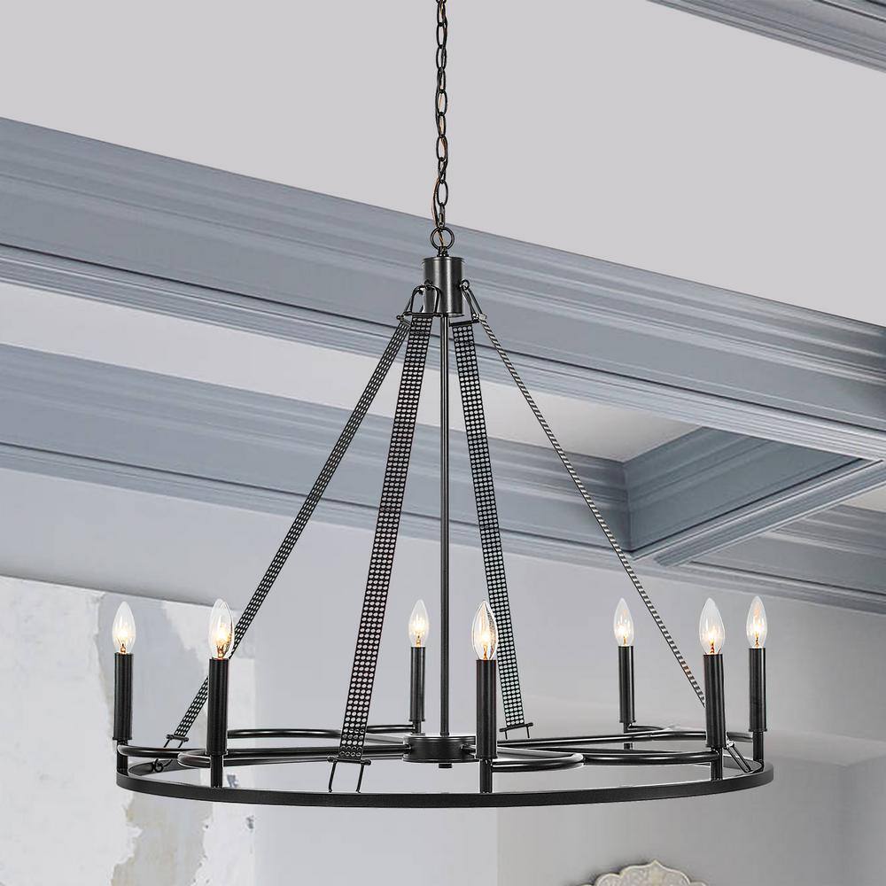 Classic Black Metal 8-Light Wagon Wheel Candle Style Chandelier