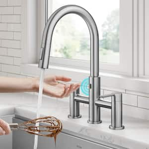 Oletto Touchless Sensor Double Handle Bridge Kitchen Faucet with Pull-Down Sprayhead in Spot-Free Stainless Steel